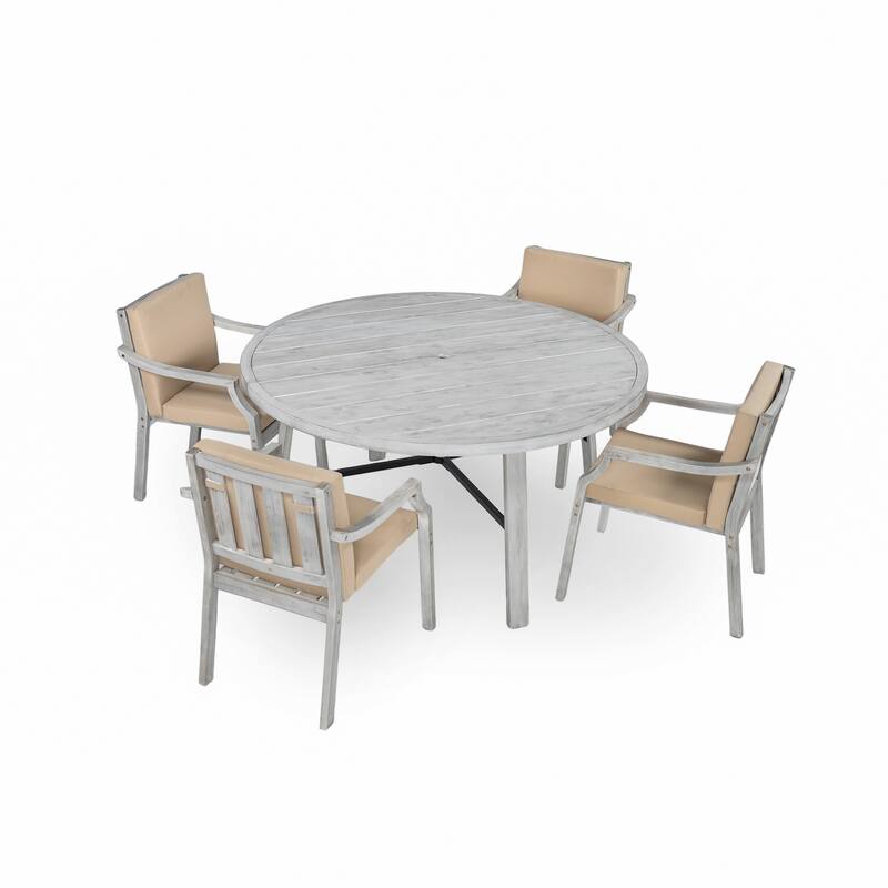 5 Piece Outdoor Acacia Wood Dining Set, Round Patio Dining Table and Chair Set with Umbrella Hole and Removable Cushions - Grey