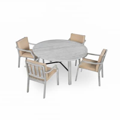 5 Piece Outdoor Acacia Wood Dining Set, Round Patio Dining Table and Chair Set with Umbrella Hole and Removable Cushions