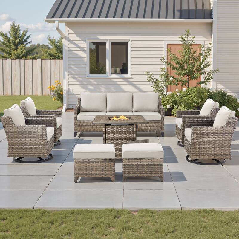 Pocassy Outdoor Swivel Chair with Sofa with Fire Pit Table - Beige Cushion Gray Wicker - 8-Piece Fire Table w/ Sofa Swivel Chair Ottoman