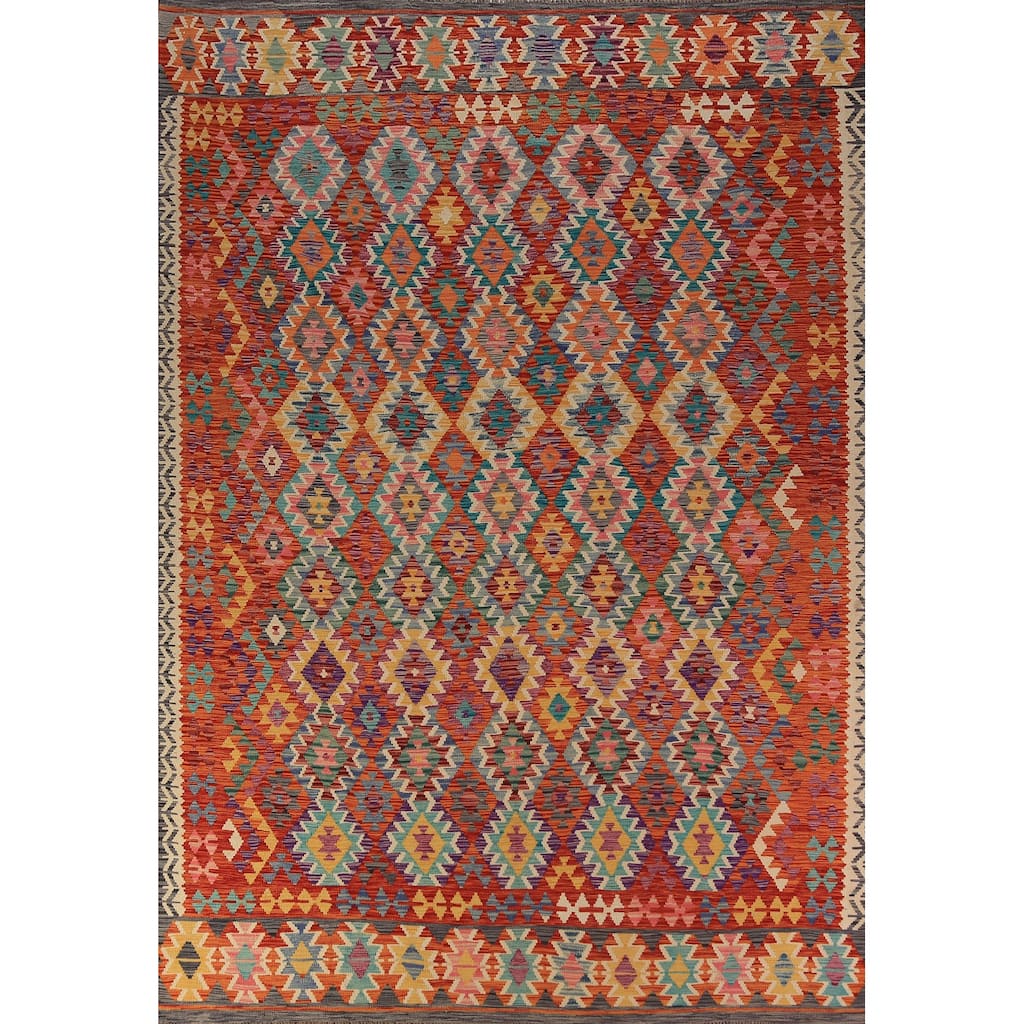 Kilim Oriental Area Rug Flatweave Tribal Living Room Wool Carpet - 8'2"x 11'6"