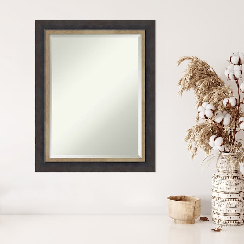 Hammered Charcoal Tan Beveled Wood Framed Wall Mirror - Hammered Charcoal Tan