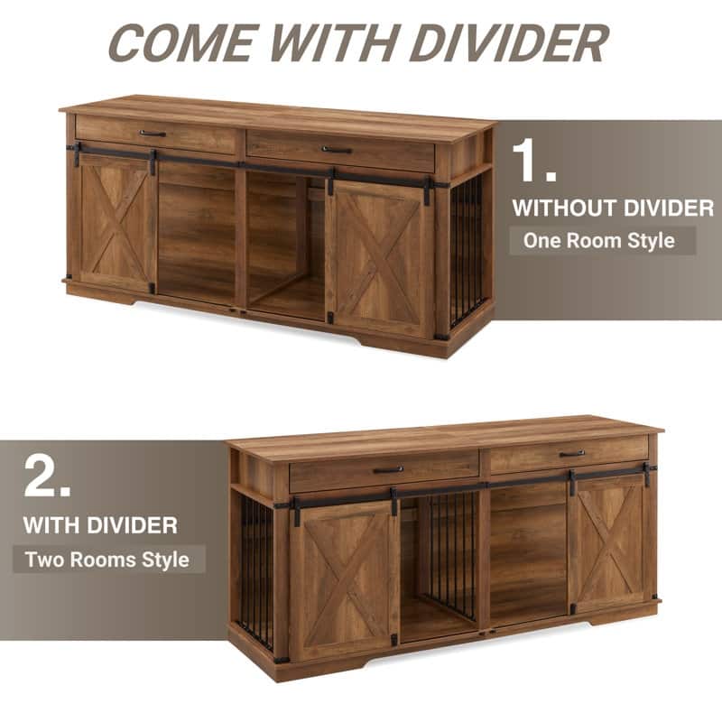 Wood Barn Door Large Dog Crate Furniture With 2 Drawers and Divider