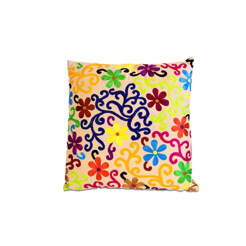 Set of Two 20" Natural Blue And Yellow Floral Cotton Throw Pillows with Embroidery