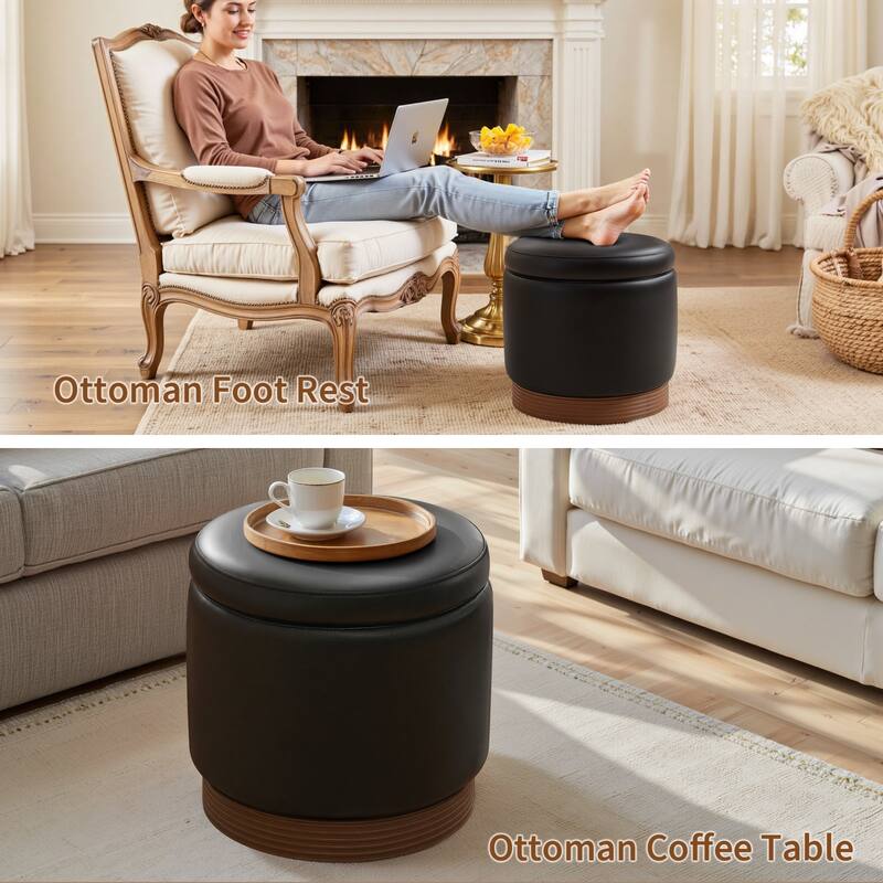Round Swivel Storage Ottoman Footstool with Flip-top and Acacia Frame