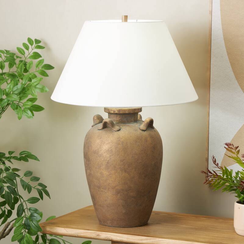 Ceramic Distressed Antique Style Textured Vase Table Lamp with White or Cream Linen Shade - Brown or Black - Roche River Decor