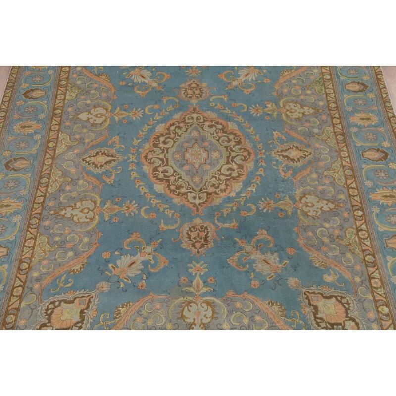 Blue Tabriz Persian Vintage Rug Hand-Knotted Traditional Wool Carpet - 8'6"x 11'10"
