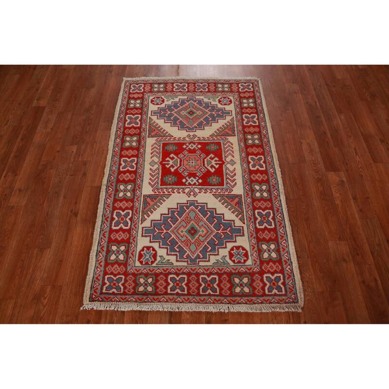 Geometric Beige Kazak Foyer Rug Hand-Knotted Wool Carpet - 2'8"x 4'2"