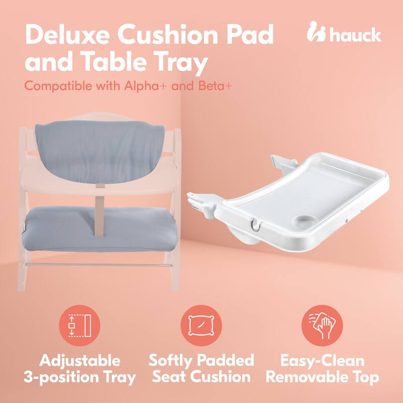 hauck Alpha+/Beta+ High Chair Tray Table, White & Deluxe Seat Cushion Pad, Grey - 5.17
