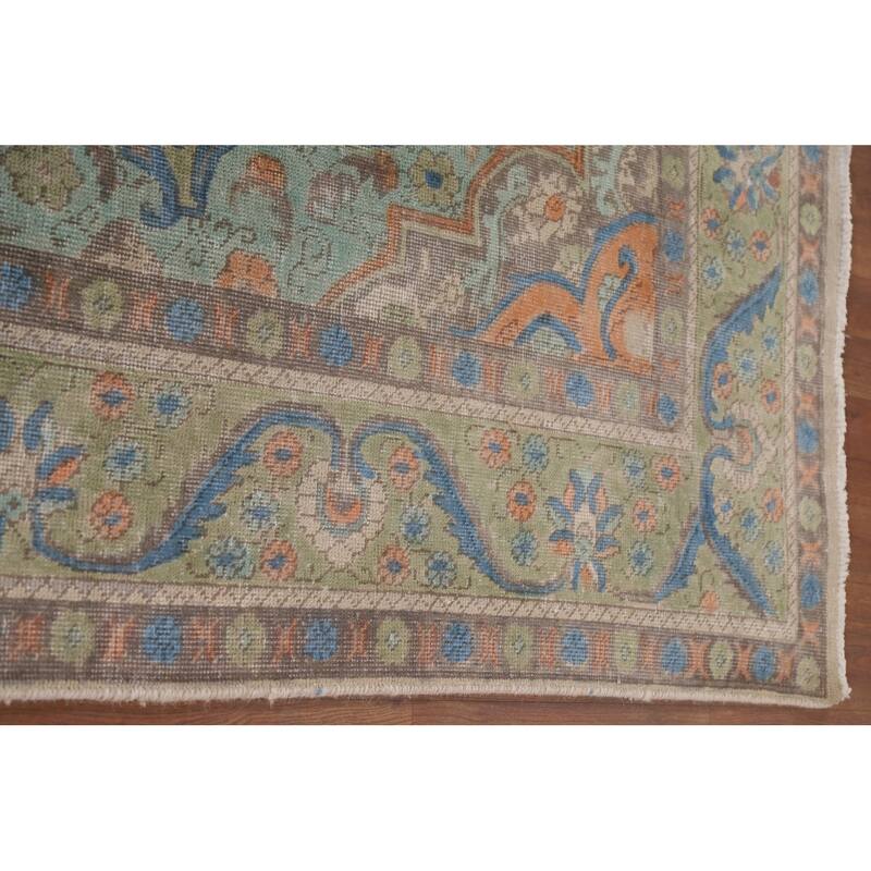 Hand Knotted Oriental 100% Wool Carpet Traditional Medallion Green Tabriz Area Rug - 9' 5'' X 6' 7''