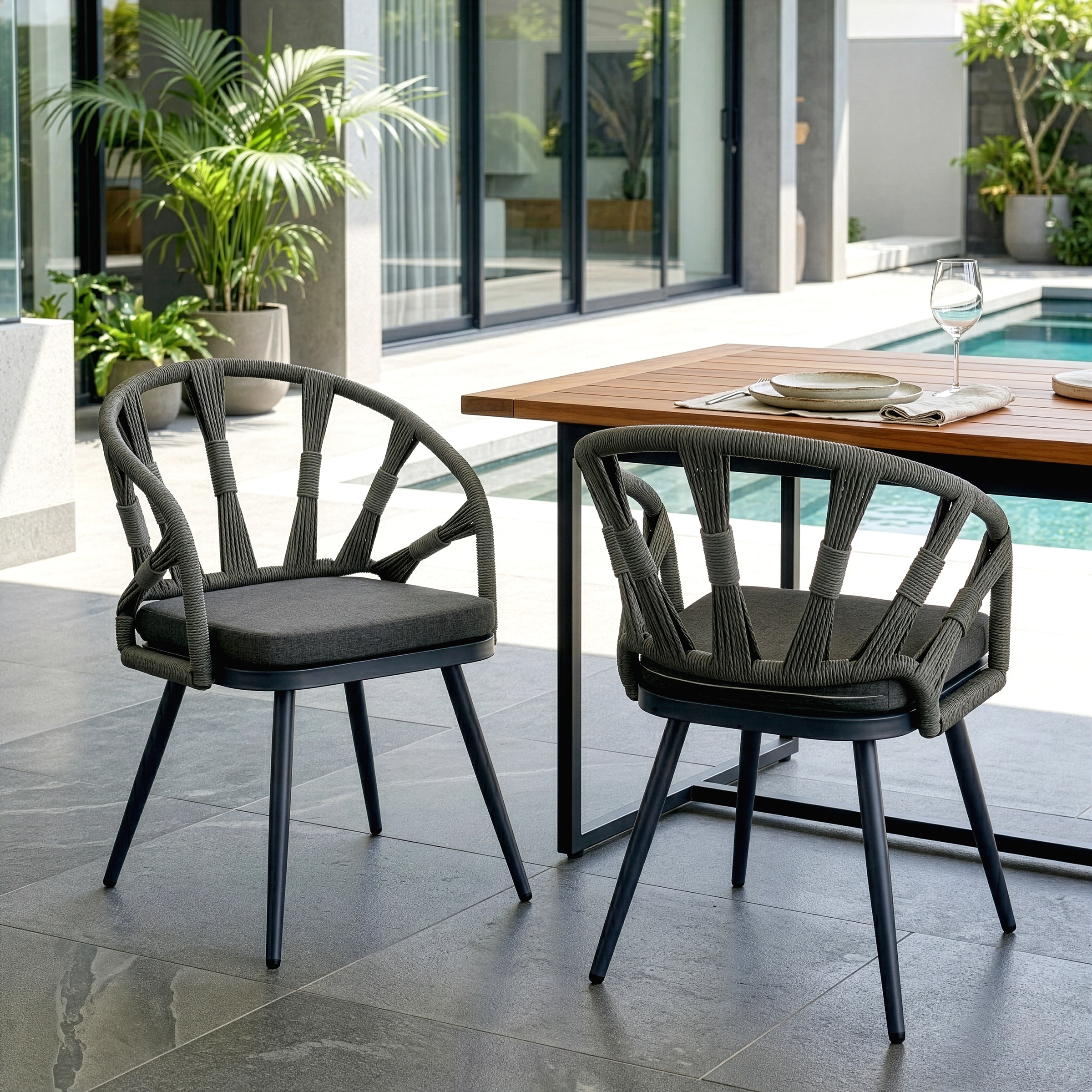Binda Grey Outdoor Dining Chair with Hand-Woven Back (Set of 2)