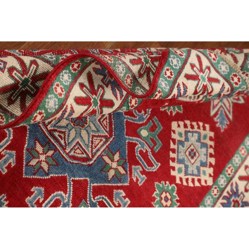 Red Kazak Oriental Area Rug Hand-Knotted Geometric Wool Carpet - 5'0" x 6'7"