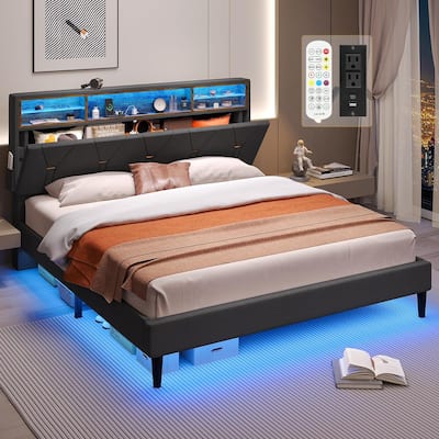 Bed Frame Storage Headboard RGB LED Lights Upholstered Platform