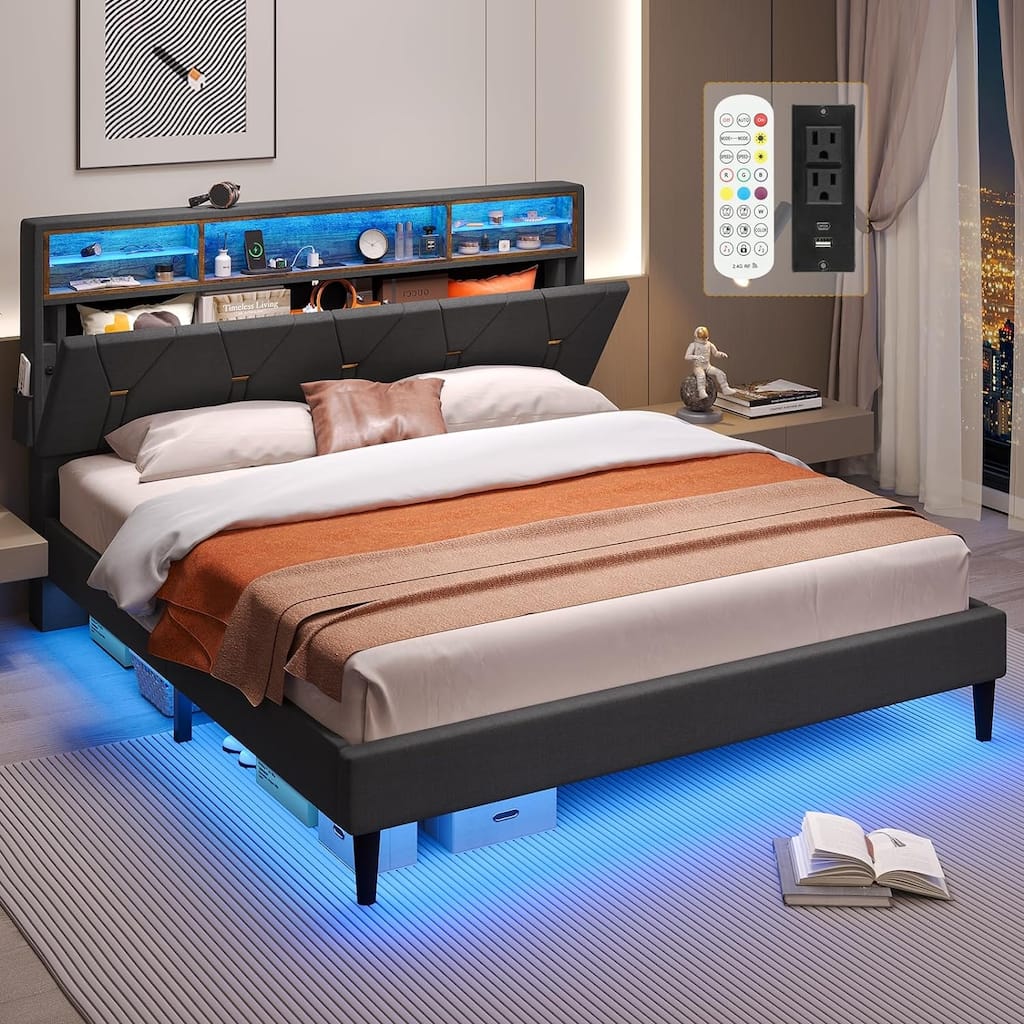 Bed Frame Storage Headboard RGB LED Lights Upholstered Platform Bed