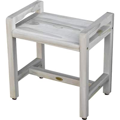 Compact Teak Corner Shower Stool with Shelf in Whitewash Finish