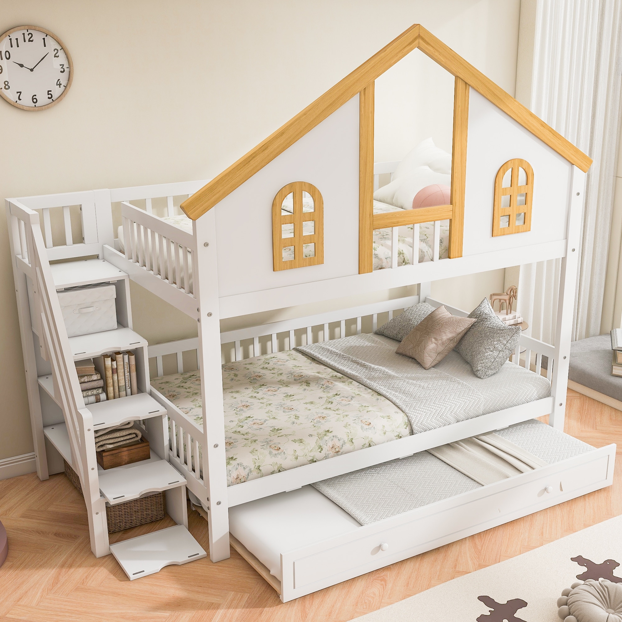 GDFStudio -DreamCottage Modern Wooden House Roof Bunk Bed with Storage Drawers and Staircase