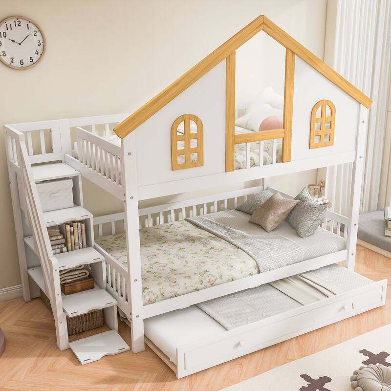 Roomfitters Twin Over Twin/Full Over Full House Bunk Bed with Trundle, Storage Staircase and Roof, White and Natural
