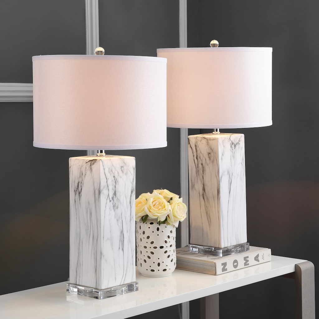 SAFAVIEH Olympia 29-Inch Faux Marble Table Lamp Set of 2, Drum Shade, Rotary Switch, LED Bulbs Included, Optional USB Ports