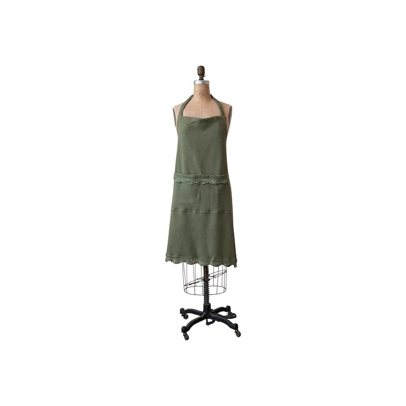 Waffle Weave Cotton Apron with Crochet Lace Trim - 28.0"L x 32.0"W x 0.3"H - 28.0"L x 32.0"W x 0.3"H - Green