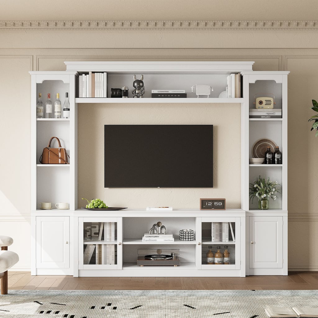 Modern Entertainment Center with 4 Adjustable Shelves & Doors, All-in-One TV Stand with Bookcase for TVs Up to 65"