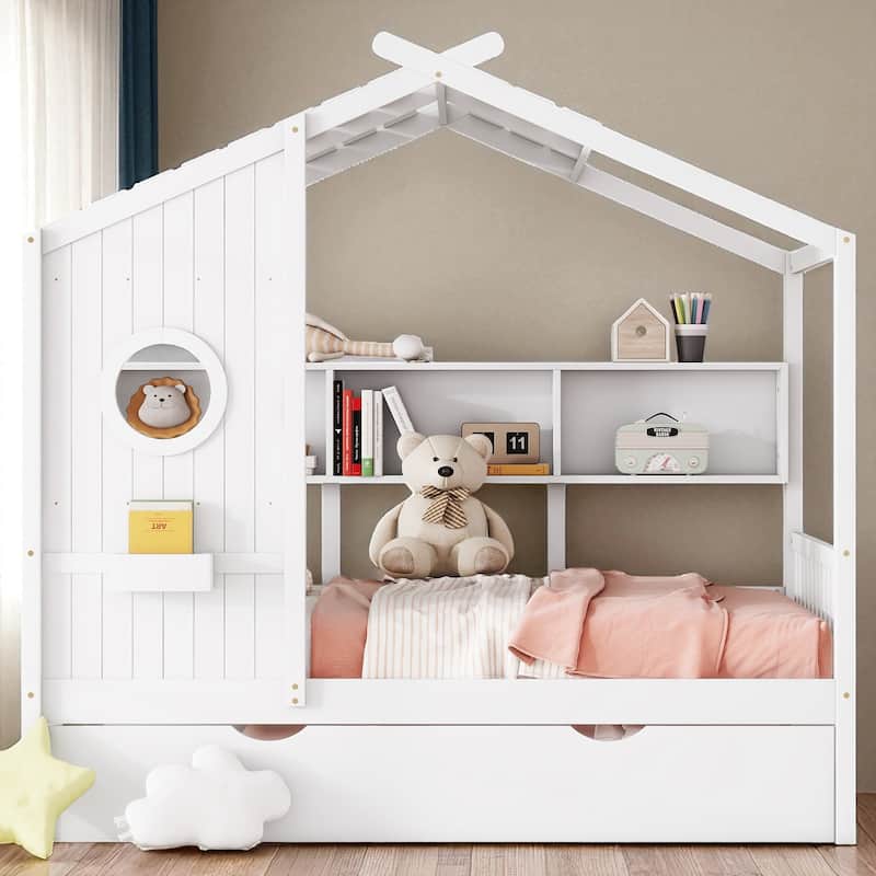 Wooden Twin/Full Size House Bed with Trundle, Storage Shelf & Roof Design - Kids Modern Playhouse Bed Frame - White - Full
