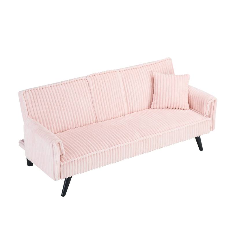Corduroy Convertible Sleeper Sofa Bed, Upholstered Loveseat with Armrests, Small 2 Seater Sofa with Retractable Cup Holder