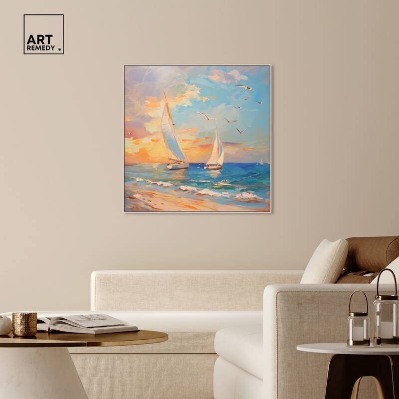 Art Remedy Sailboats In The Sunset Framed Sailing 1 Piece Canvas Wall Art