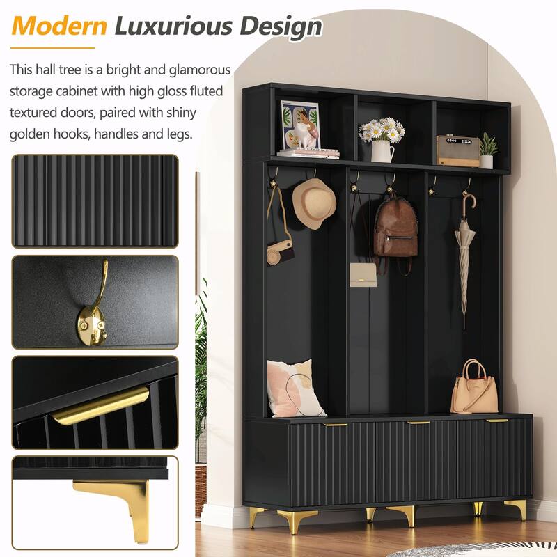 Modern Storage Hall Tree with Bench - Glossy Doors, 6 Gold Hooks