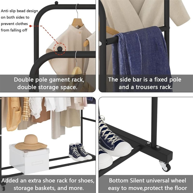 Double Rods Clothing Rack with Wheels - 17.32"D x 44.09"W x 52.36"H