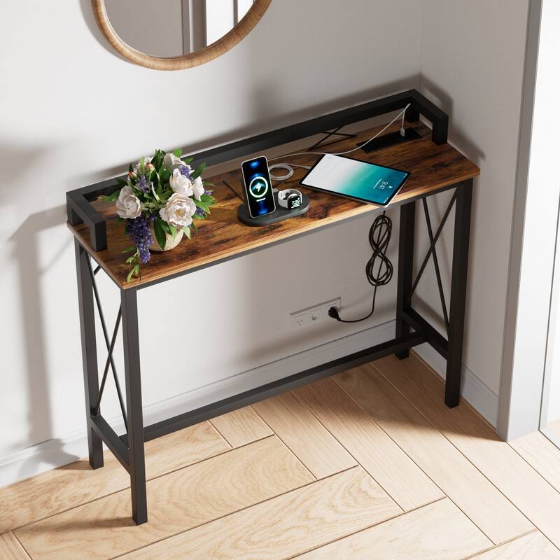 Console Table with 2 Outlet and 2 USB Ports,Entryway Table Narrow Charging Station Sofa Table