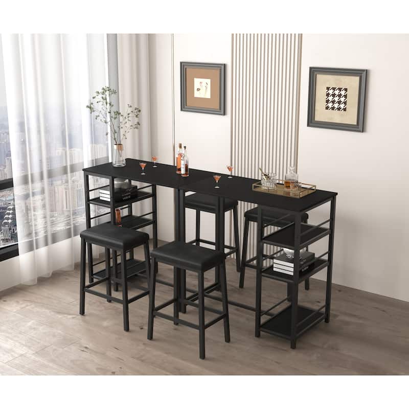 Metal Dining Table Set with 3 Large Storage Shelves and 2 Upholstered PU Leather Stools, Rectangular Dining Table Black