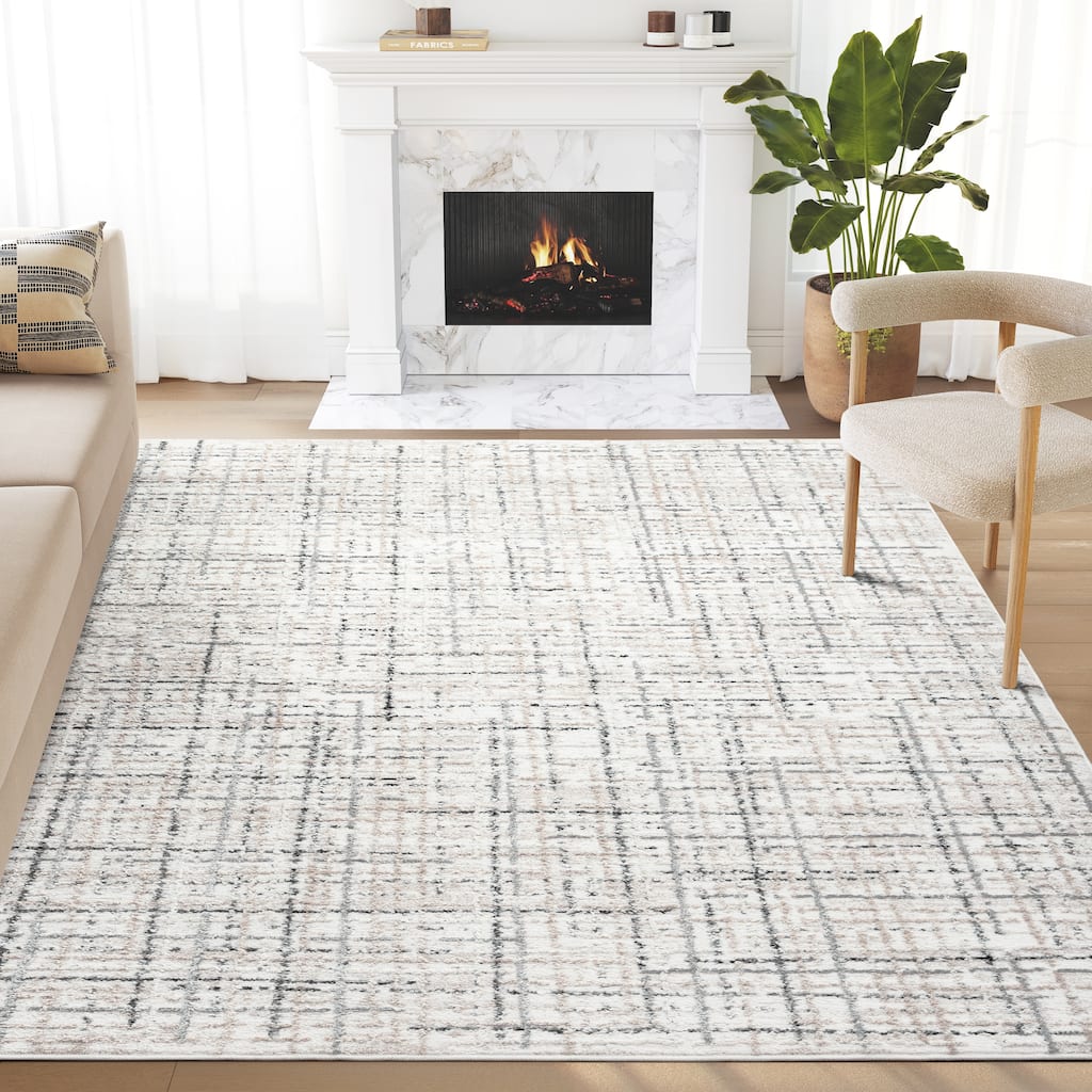 Abani Viva VIV130A Neutral Beige Grey Crosshatch Area Rug