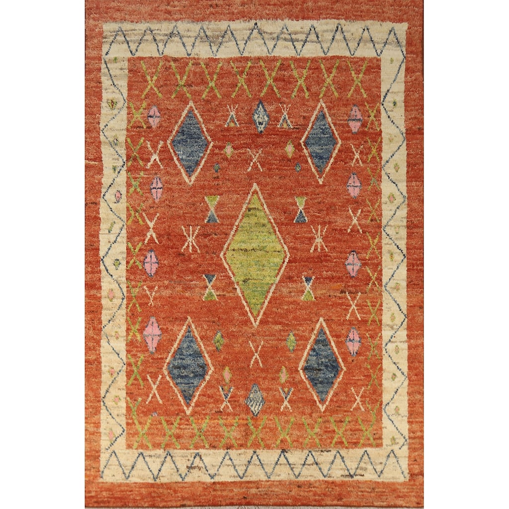 Geometric Orange Moroccan Oriental Rug Handmade Modern Wool Carpet - 6'9" x 9'9"