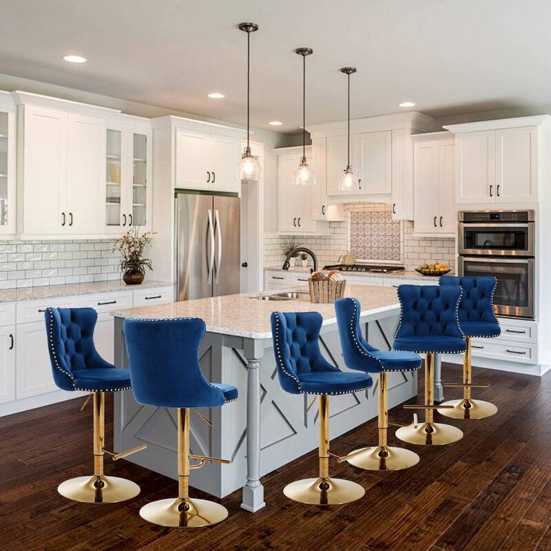Velvet Upholstered Nailheads Tufted Swivel Bar Stools (Set of 6) - Navy GoldBase
