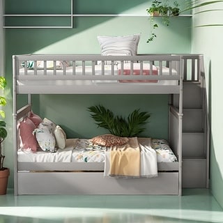 Contemporary Full over Full Wood Bunk Bed with Trundle, Staircase and Safe Guardrail, 3 Beds in 1, Optimize Storage Space, Grey
