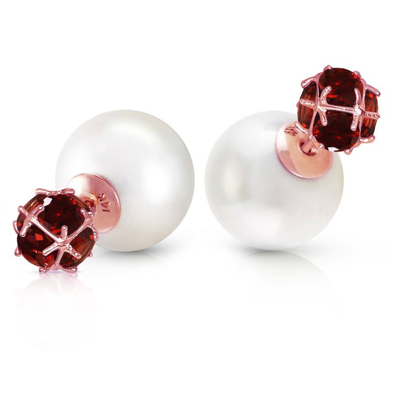 14K Solid Gold Tribal Double Shell Pearls And Garnets Stud Earrings - Rose