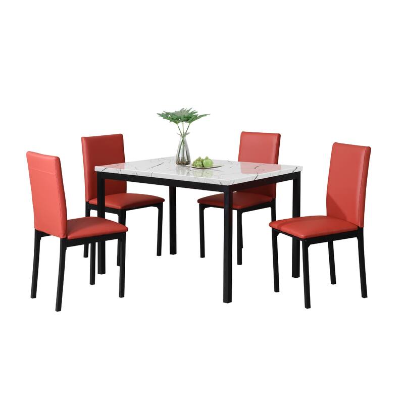 Mid-Century Modern Dining Table Sets Metal Dinette Set with Laminated Off-White Faux Marble Top, 4 Chairs for Kitchen
