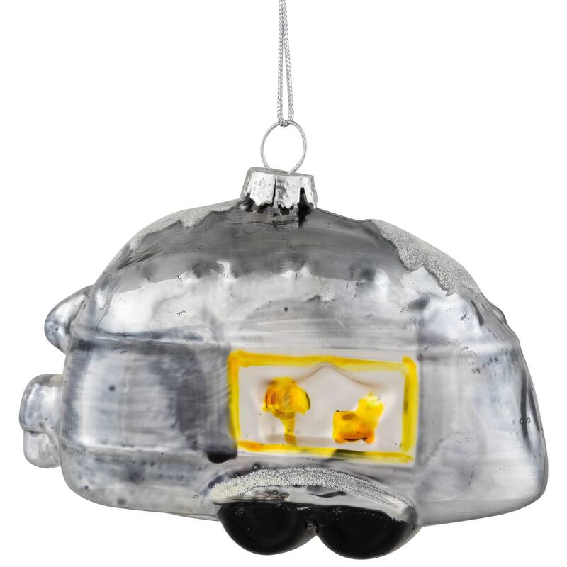 Teardrop Camper Glass Christmas Ornament - 4.25" - Silver - 2.5"