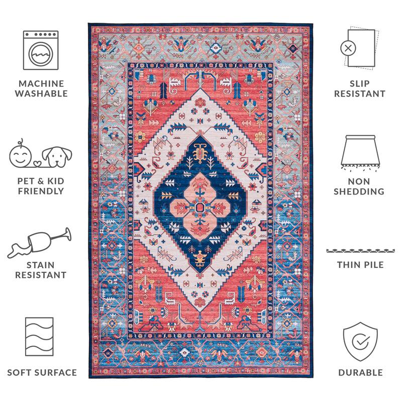 SAFAVIEH Tucson Machine Washable Slip Resistant Dorcas Oriental Medallion - 2' 6" x 4' - Rust/Blue