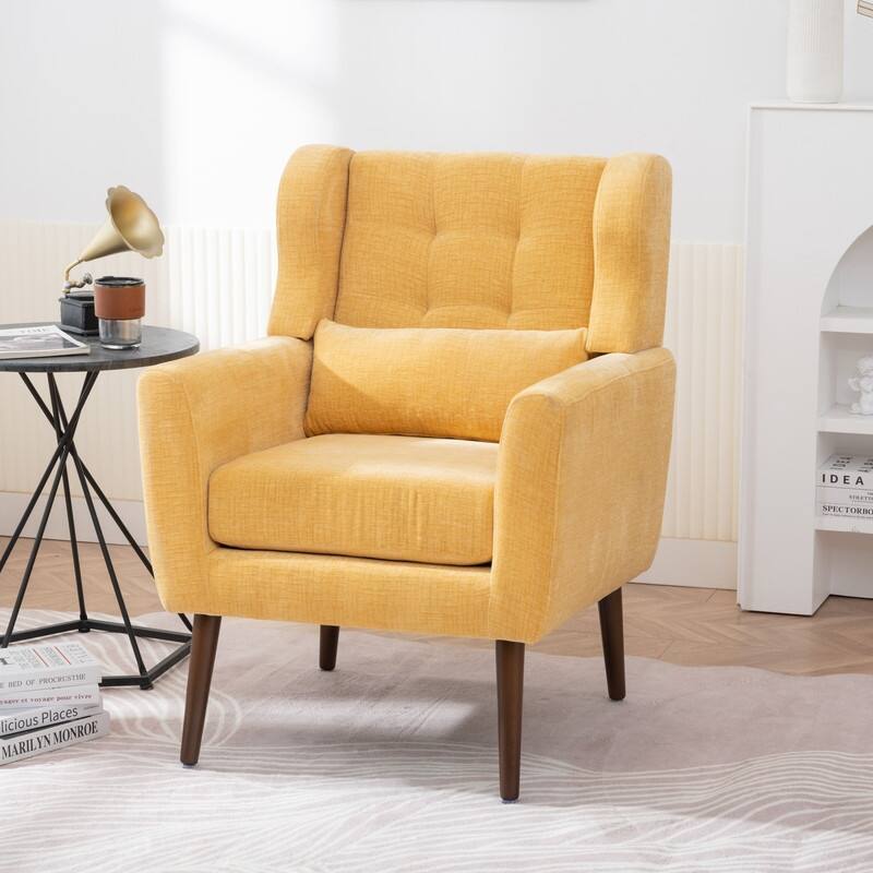 Modern Chenille Upholstered Armchair with Pillow and Solid Wood Leg