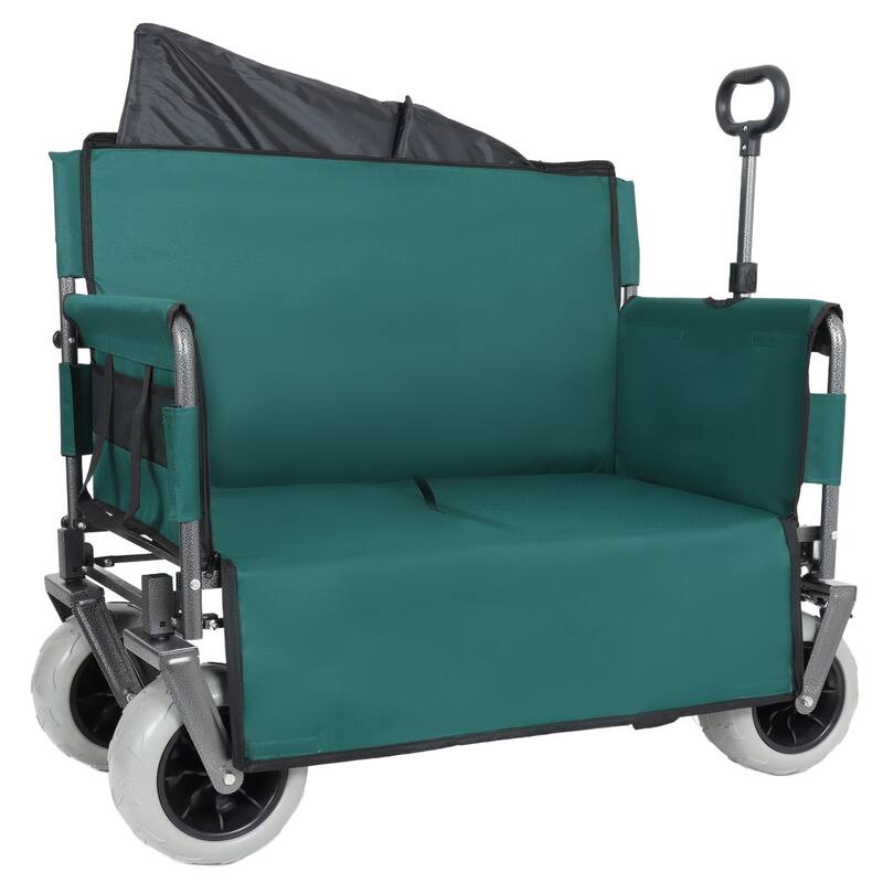3-in-1 Folding Wagon with Bench Seat - 500lbs Capacity, 9"x4" Beach Tires for Camping & Beach, green