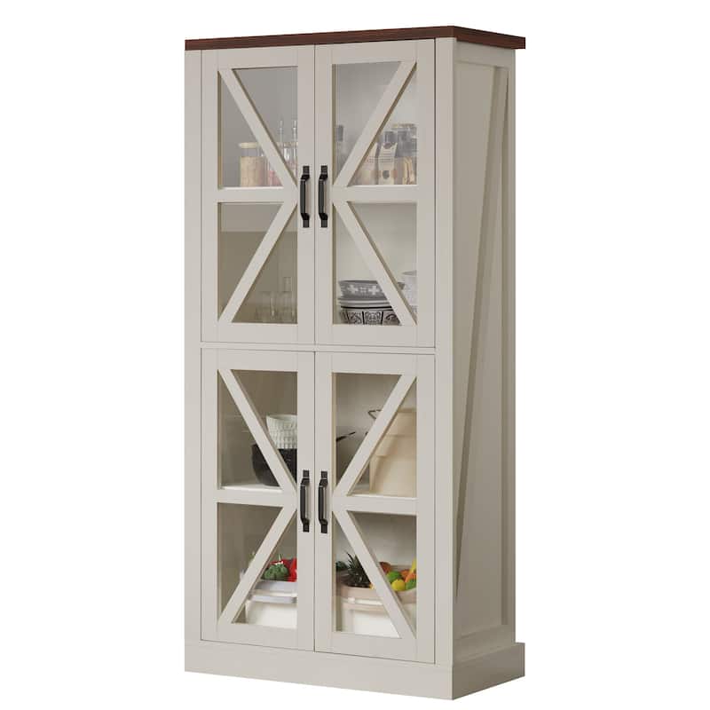 Moasis 65-inch Tall 4 Tiers Large Kitchen Storage Pantry Cabinet with Glass Doors - White