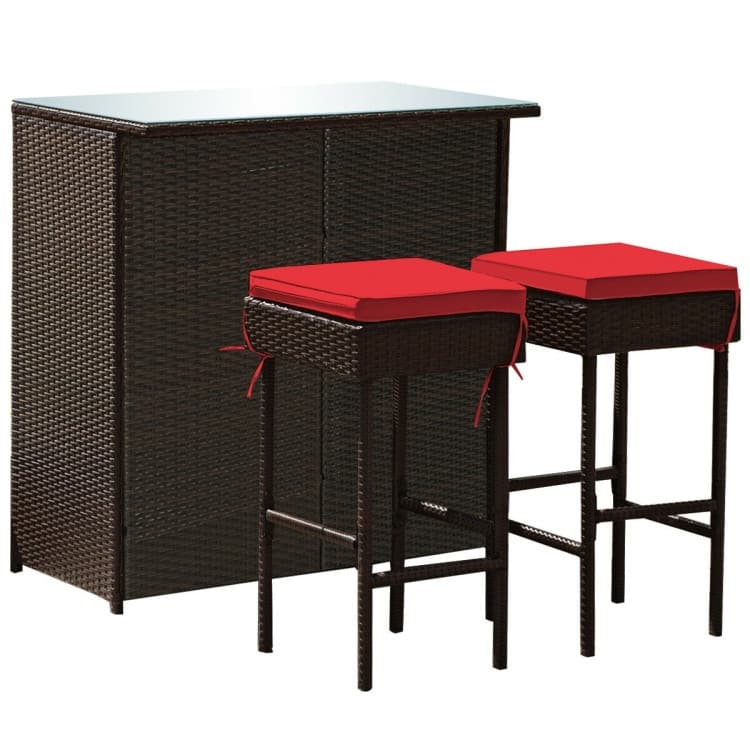 3-Piece Patio Rattan Wicker Bar Set with 2 Cushioned Stools for Outdoor Entertaining - 40" x 24" x 41.5" (L x W x H) - Red
