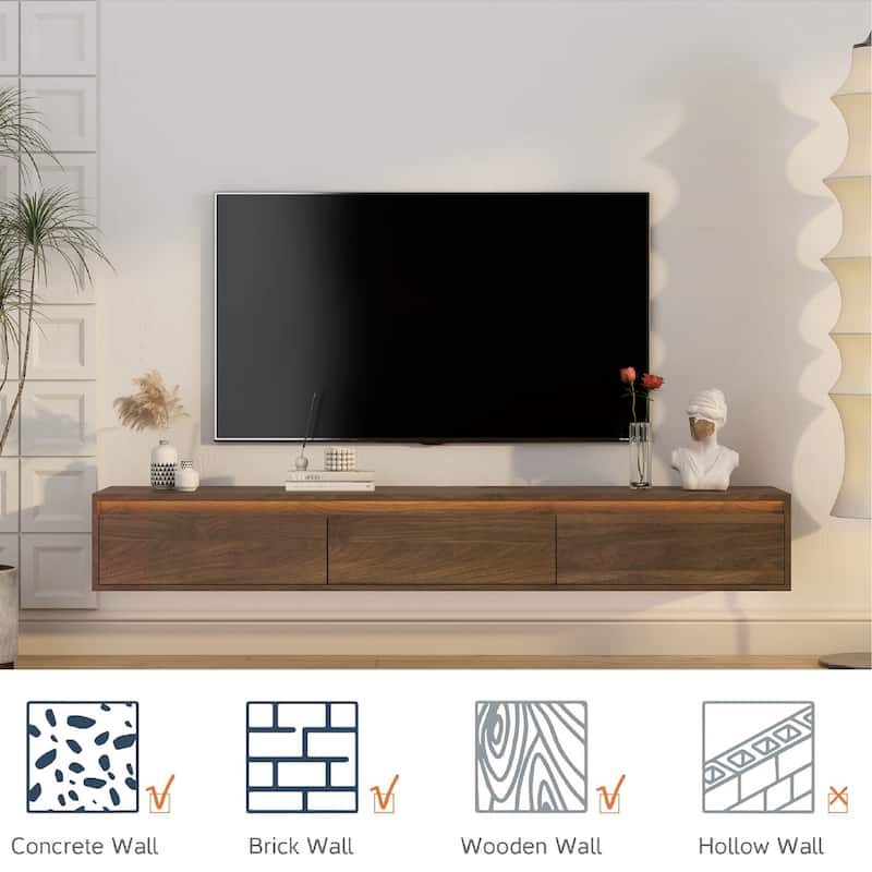 Modern Floating TV Stand Wall Shelf, 64" High-Gloss Media Console with LED Lights and Integrated Power Outlets for Living Room