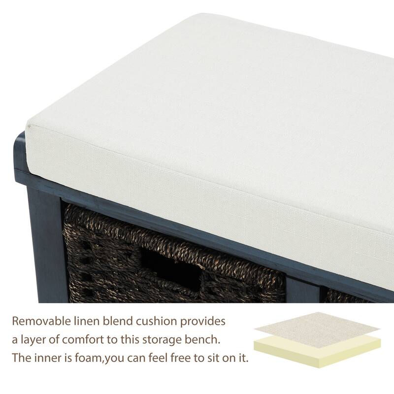 Storage Bench with 3 Removable Classic Rattan Basket , Entryway Bench with Removable Cushion