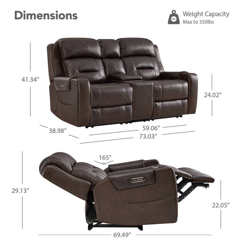 Spruce & Spring Genuine Leather Power Reclining Sofa with Wireless Charging