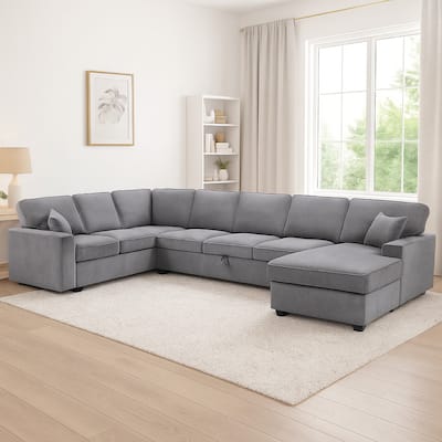 Sary 137 inch Sectional Sofa w Chaise, 2 Throw Pillows, Gray Chenille