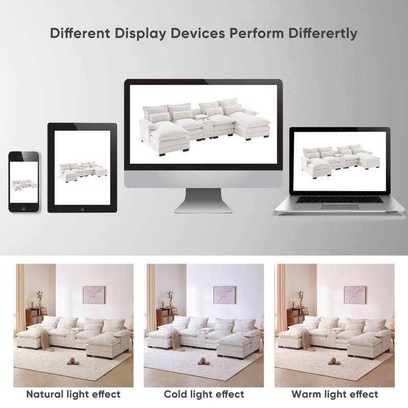 123'' Modern U-Shaped Sofa with Console, Cup Holders and USB Ports