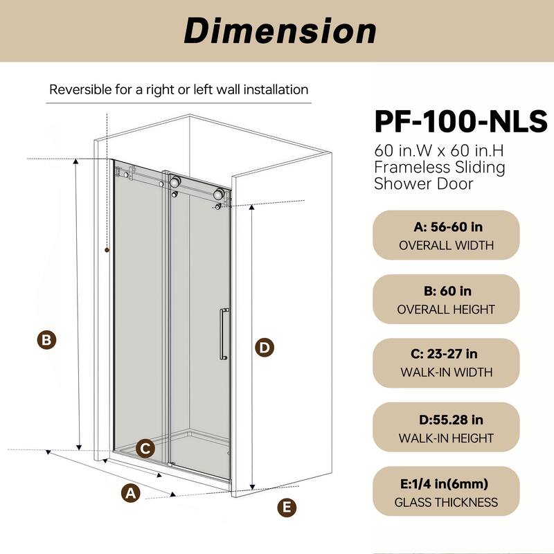 60 "W x 60" H Frameless Single Sliding Shower Door with Stainless Steel Handle - 60'' x 0.38'' x 60''