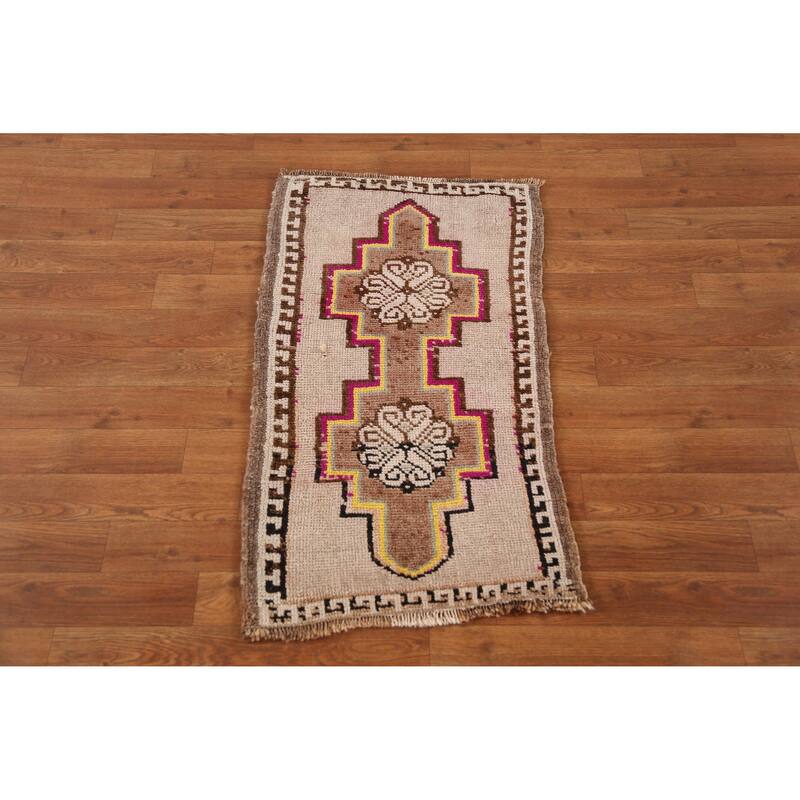 Hand Knotted Oriental 100% Wool Carpet Transitional Tribal Beige & Ivories Anatolian Area Rug - 2' 10'' X 1' 8''