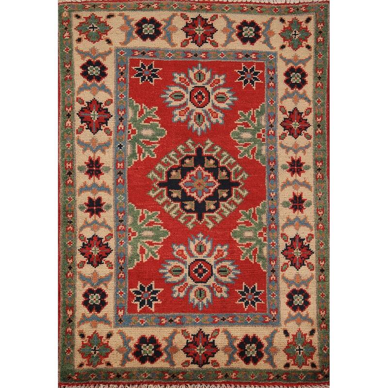 Red Kazak Foyer Rug Handmade Oriental Geometric Wool Carpet - 2'0" x 3'0"